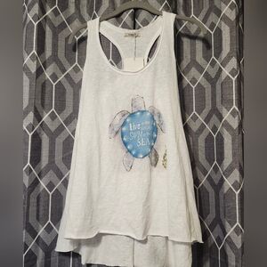 White Tank Top with Blue Turtle Design